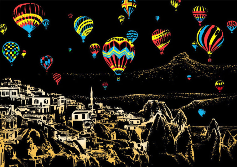 Cappadocia scratch art with hot air balloons over surreal landscape