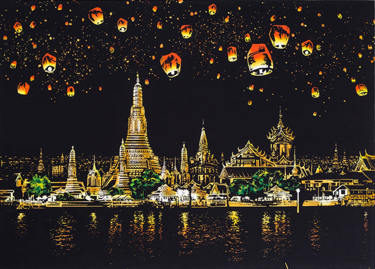 Chiang Mai scratch art featuring Thai temples and mountain landscape