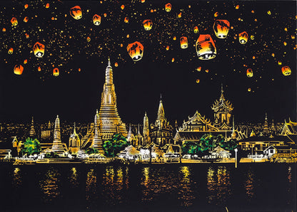 Chiang Mai scratch art featuring Thai temples and mountain landscape