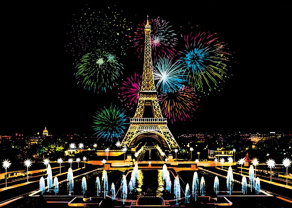 Paris fireworks scratch art featuring Eiffel Tower and night sky