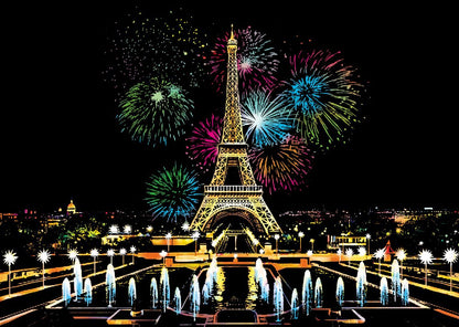 Paris fireworks scratch art featuring Eiffel Tower and night sky