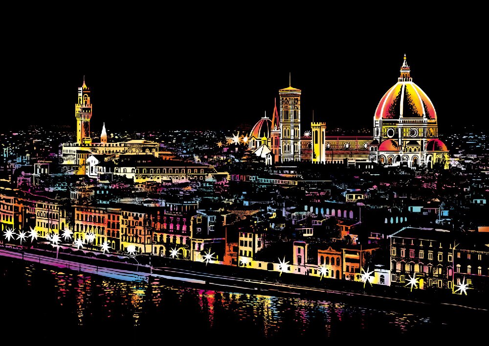 Florence scratch art featuring Renaissance architecture and Italian landmarks
