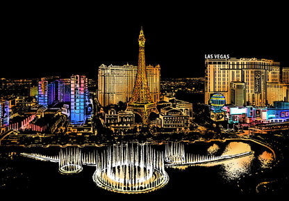Las Vegas scratch art featuring neon lights and iconic cityscape