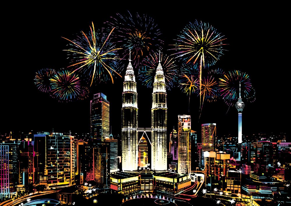 Malaysia scratch art with tropical landscape and cultural elements