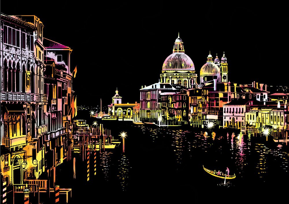 Romantic Venice scratch art featuring gondolas and canal scenery