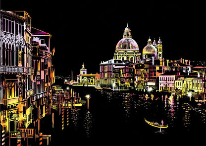 Romantic Venice scratch art featuring gondolas and canal scenery