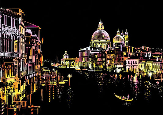 Romantic Venice scratch art featuring gondolas and canal scenery