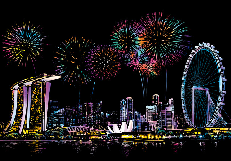 Singapore scratch art featuring modern architecture and gardens