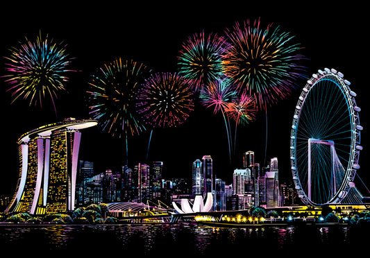 Singapore scratch art featuring modern architecture and gardens