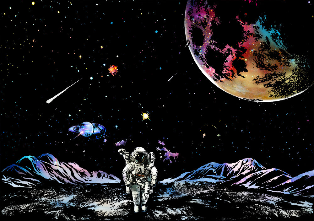 Astronaut on a moon surface with a colorful planet and space elements in the background.